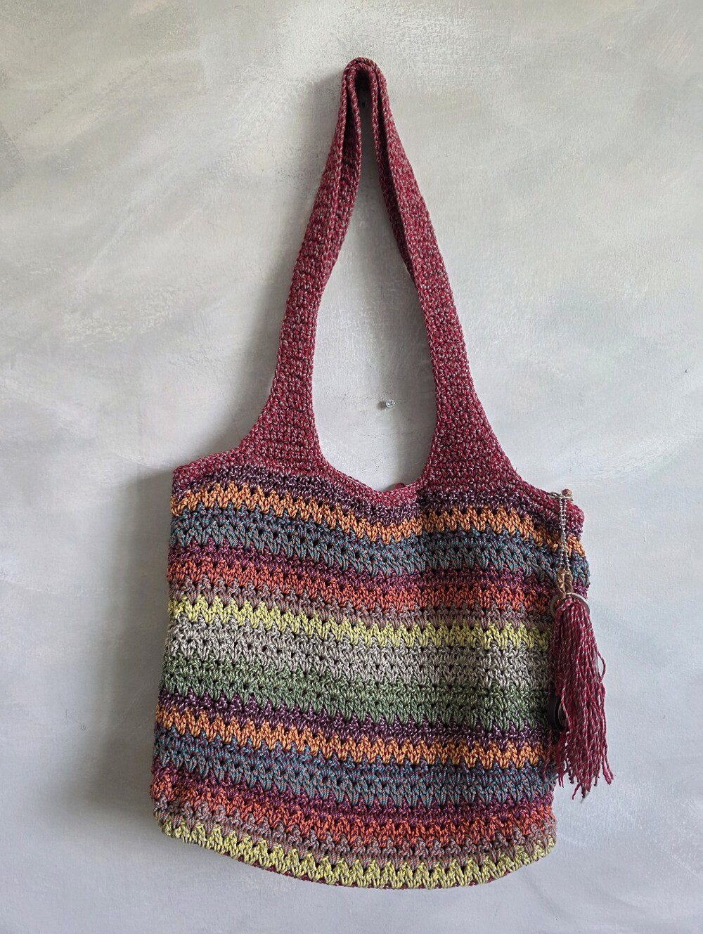 The Sak Multicolored Crochet Striped Tassel Slouchy Beachy Tote Shoulder Bag